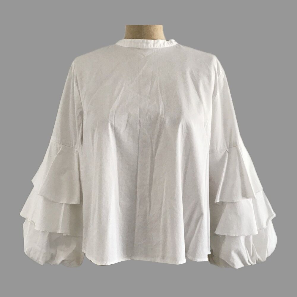 Vince White Long Poet Sleeve Cotton High Neck Top, Women's Size S
